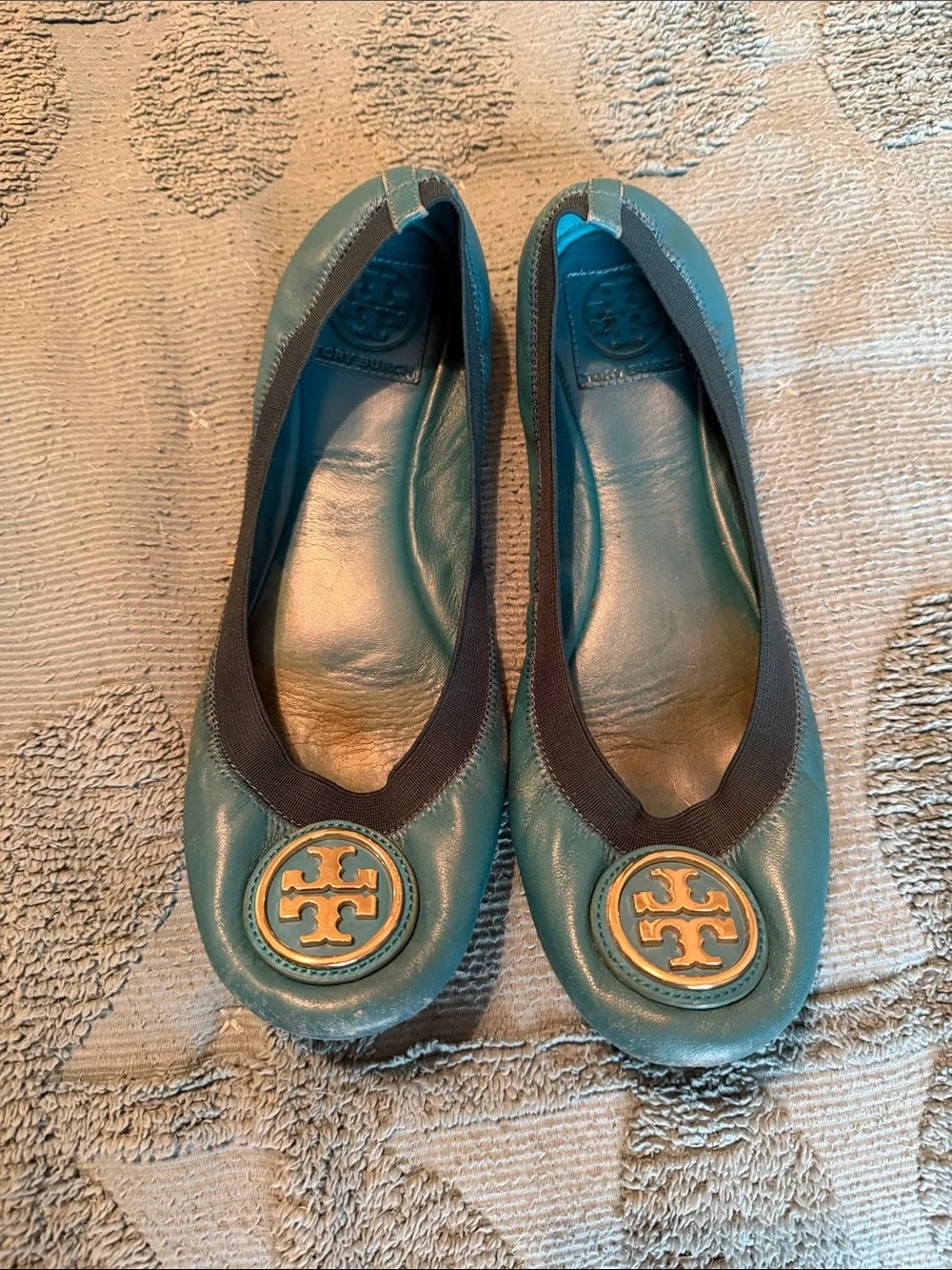 Tory Burch Teal Leather Logo Ballet Flats